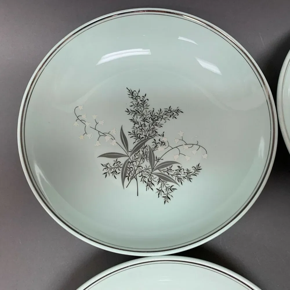 Lady Empire Princess Permacal Coup Bowls Oven Proof Green Platinum Trim Lot of 4